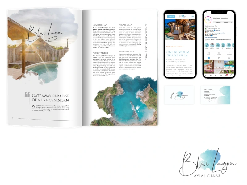 Blue Lagoon Avia Villas keep up with consistent colour, typography, and feel across their marketing materials.