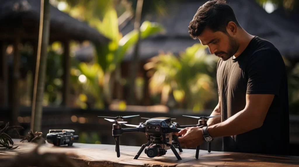 a professional photographer prepares his drone