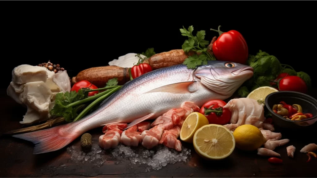 illustration of raw meat and seafood