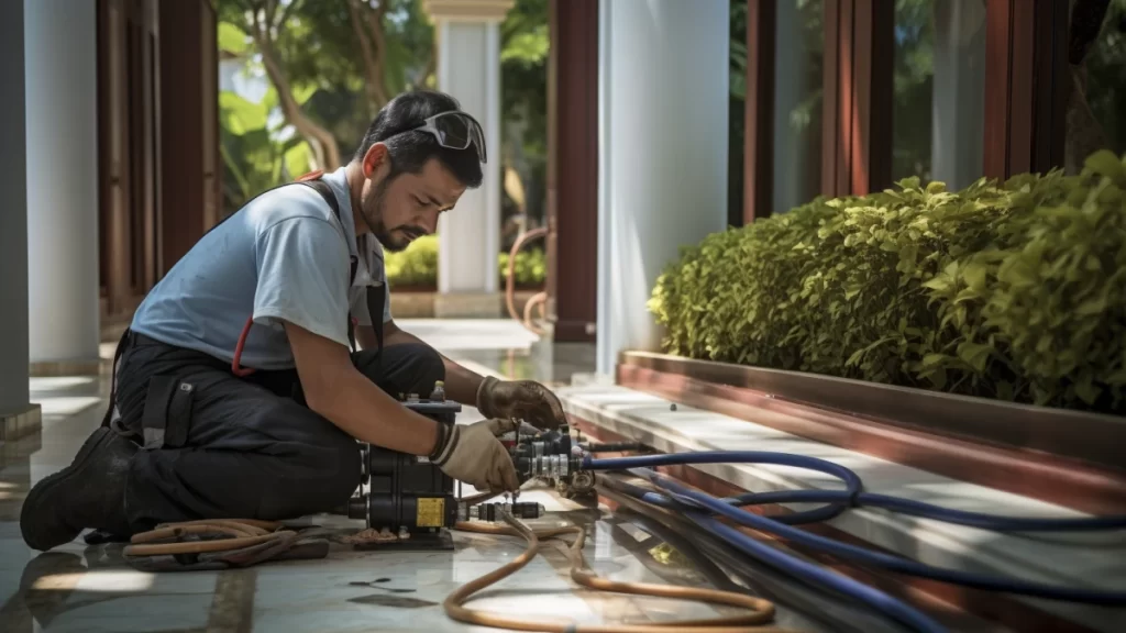 illustration of a technician do the regular plumbing maintenance in a villa