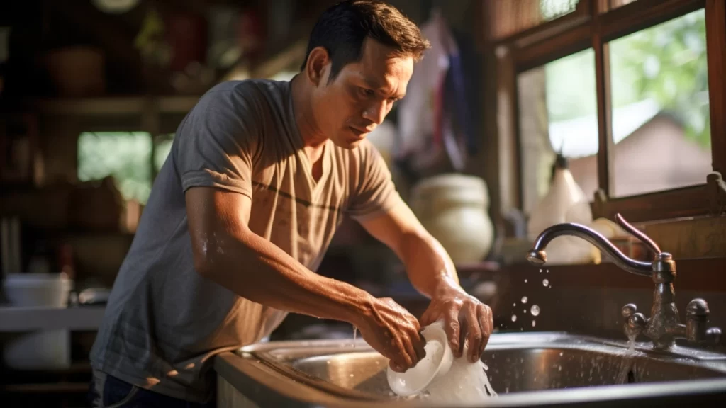 Illustration d'un personnel de villa nettoyant l'évier du lave-vaisselle